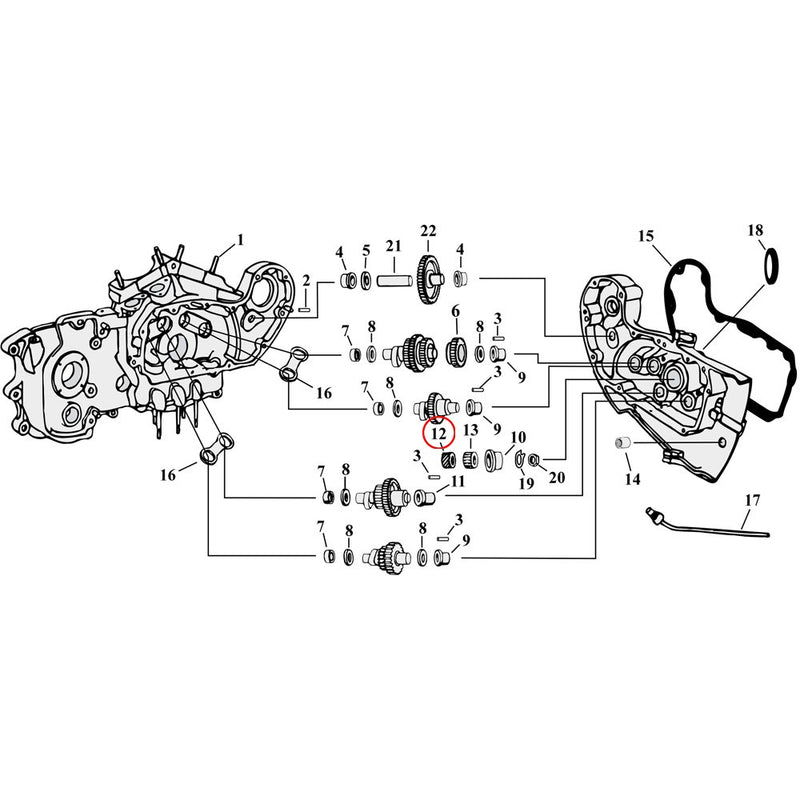 Cam Drive / Cover Parts Diagram Exploded View for 54-90 Harley Sportster 12) 77-87 XL. Drive gear, oil pump. Replaces OEM: 26318-75