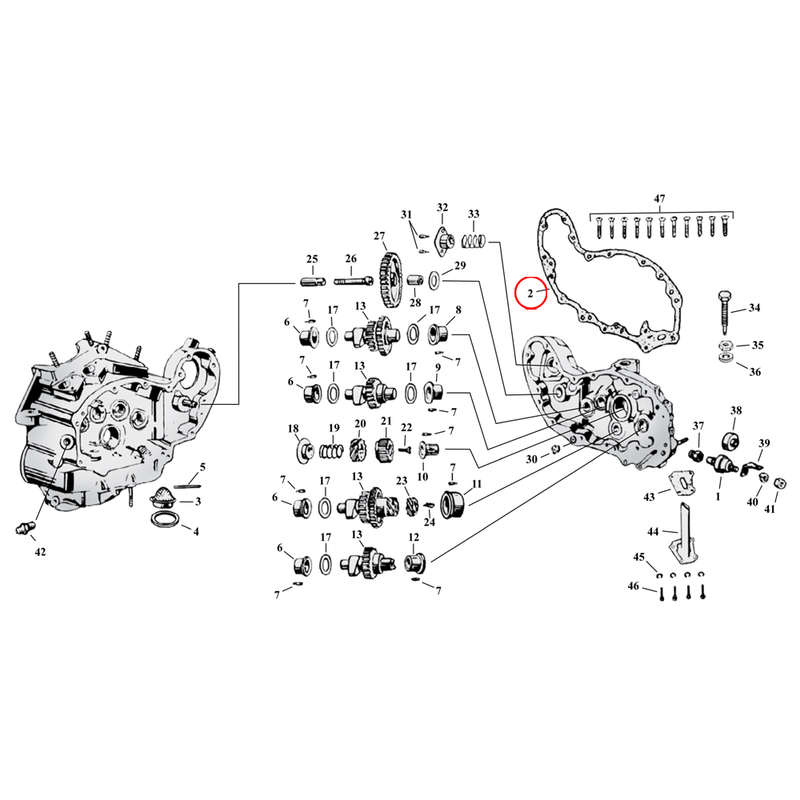 Cam Drive / Cover Parts Diagram Exploded View for Harley 45" Flathead 2) 37-73 45" SV. James gasket, cam cover. Replaces OEM: 25226-37A