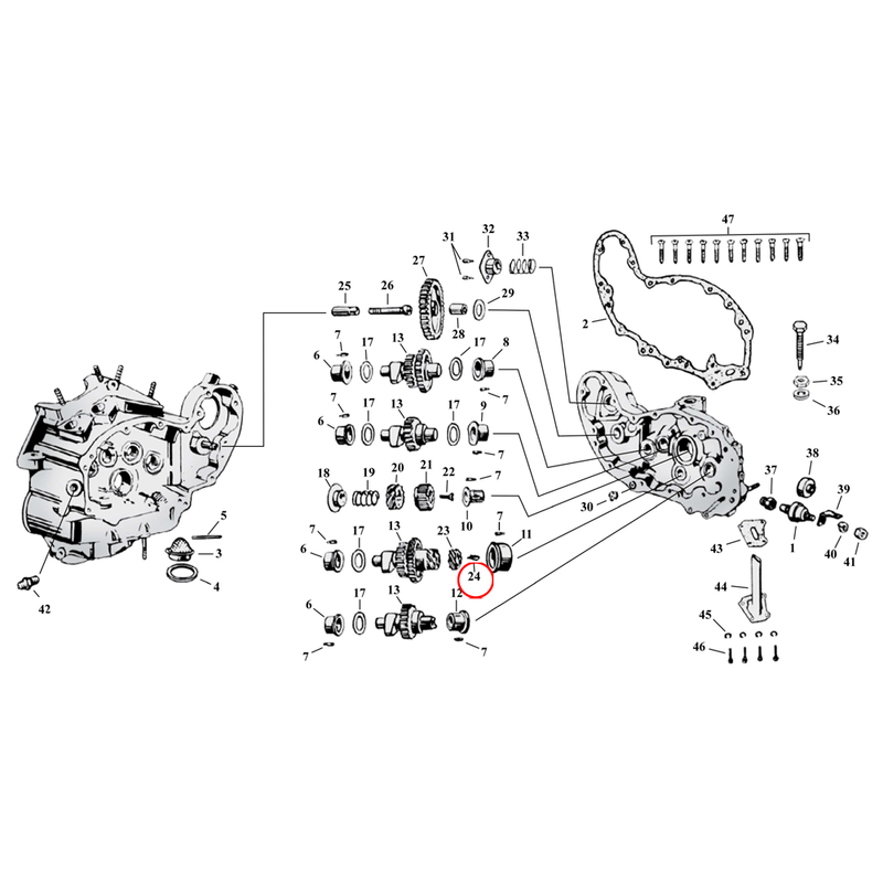 Cam Drive / Cover Parts Diagram Exploded View for Harley 45" Flathead 24) 37-73 45" SV. Key, circuit breaker drive gear. Replaces OEM: 25860-29