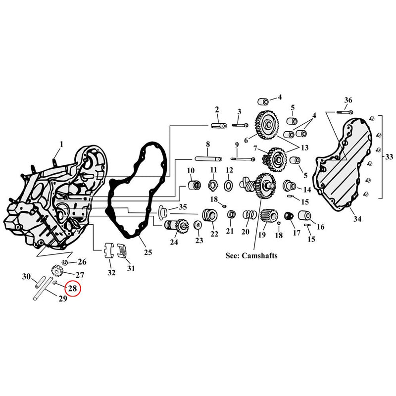 Cam Drive / Cover Parts Diagram Exploded View for Harley Knuckle / Pan / Shovel 28) L75-89 Big Twin. Woodruff key, drive shaft oil pump to drive gear oil pump. Replaces OEM: 26348-15