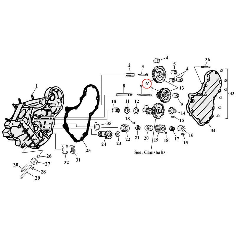 Cam Drive / Cover Parts Diagram Exploded View for Harley Knuckle / Pan / Shovel 6) 36-69 OHV Big Twin. S&S idler gear. Replaces OEM: 619-36 & 25775-36