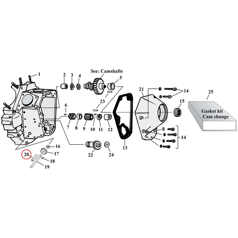 Cam Drive / Cover Parts Diagram Exploded View for Harley Shovelhead & Evolution Big Twin 20) 36-99 Big Twin. Bushing, oil pump drive shaft. Replaces OEM: 24641-36