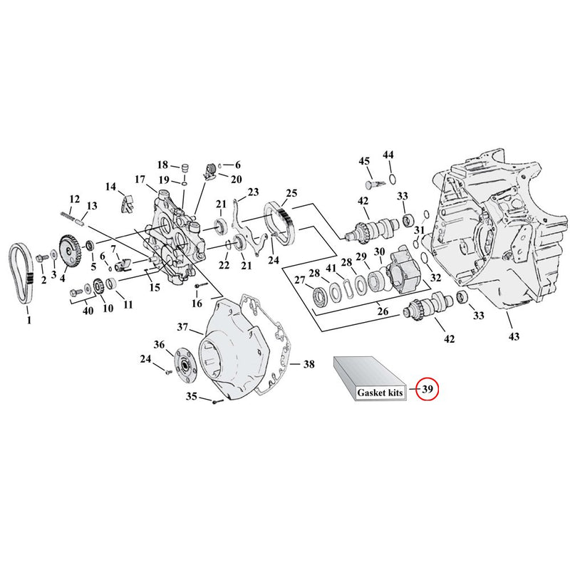 Cam Drive / Cover Parts Diagram Exploded View for Harley Twin Cam 39) 99-17 TCA/B. Cometic cam gear change gasket kit. Replaces OEM: 17045-99D