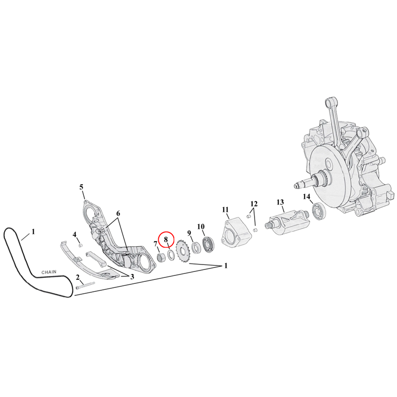 Crankcase Balancer Parts Diagram Exploded View for Harley Twin Cam Softail 8) 00-06 TCB. Washer, drive sprocket balancers. Replaces OEM: 6852