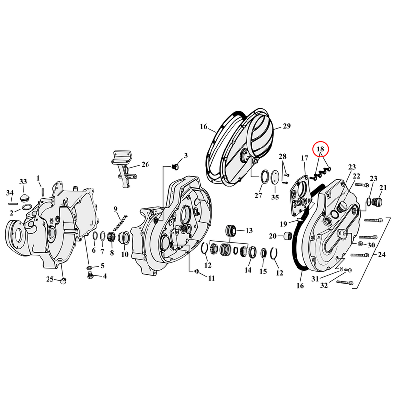 Crankcase Parts Diagram Exploded View for 54-76 Harley Sportster 18) 57-76 XL. Bolt, 5/16-18 x 7/8" (set of 25). Replaces OEM: 3991