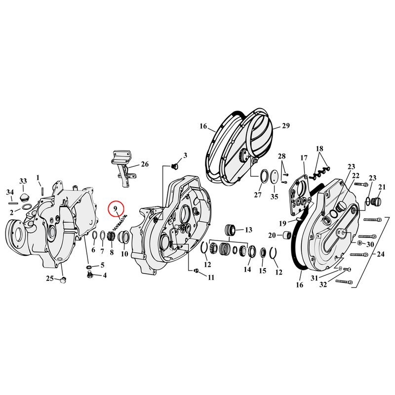 Crankcase Parts Diagram Exploded View for 54-76 Harley Sportster 9) Crankcase rollers, right side. 57-76 XL (Set of 13). Standard size. Replaces OEM: 9421