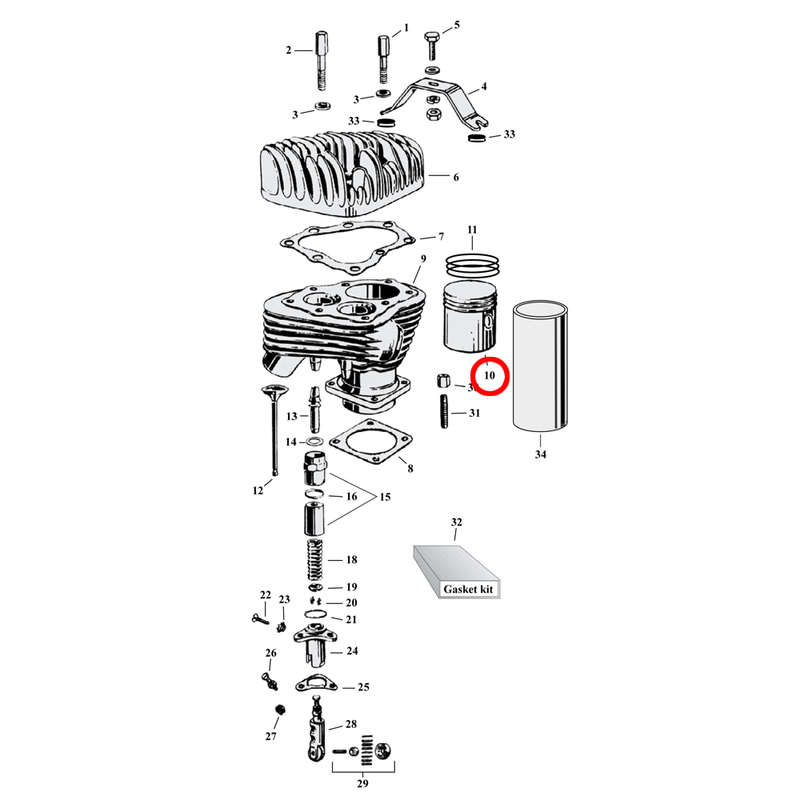 Cylinder Parts Diagram Exploded View for Harley 45" Flathead 10) See pistons separately.