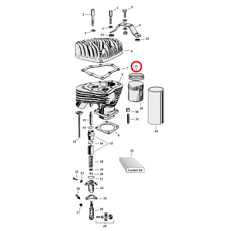 Cylinder Parts Diagram Exploded View for Harley 45" Flathead 11) See piston rings separately.