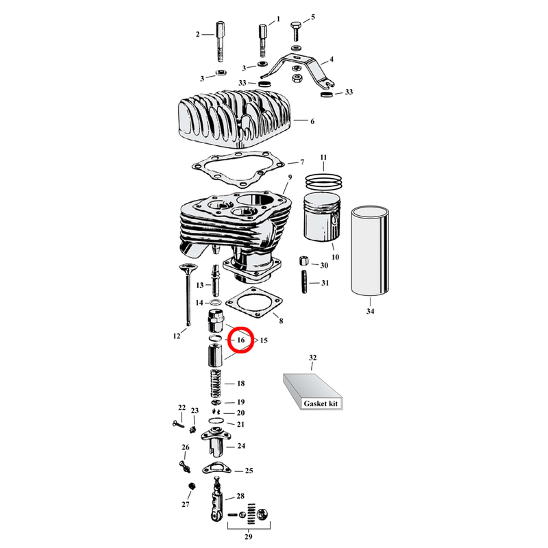 Cylinder Parts Diagram Exploded View for Harley 45" Flathead 16) 29-68 45" SV. James seal, valve spring cover. Replaces OEM: 18260-29