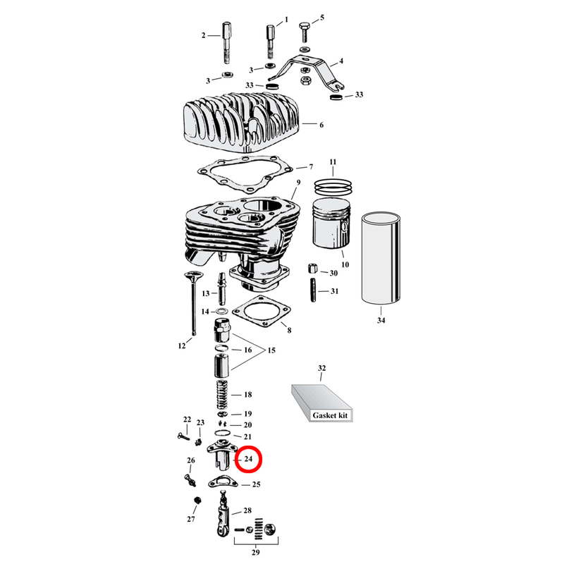 Cylinder Parts Diagram Exploded View for Harley 45" Flathead 24) 29-73 45" SV. Tappet block set. Replaces OEM: 18605-30 / 234-30 (2x) & 18606-30 / 235-30 (2x)