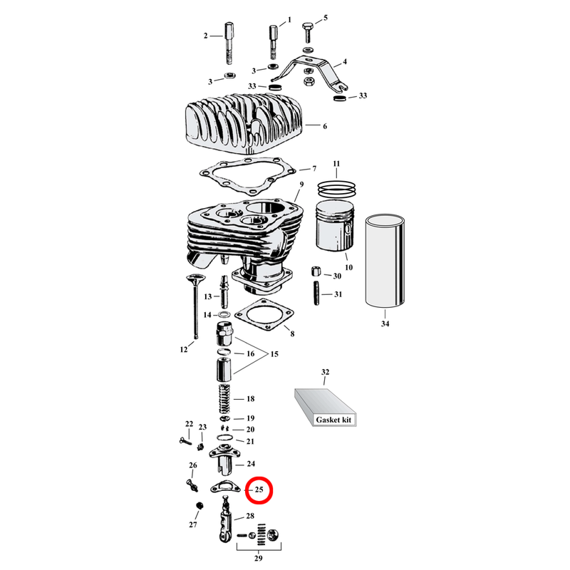 Cylinder Parts Diagram Exploded View for Harley 45" Flathead 25) 30-73 45" SV. James gasket, tappet block. Replaces OEM: 18631-30