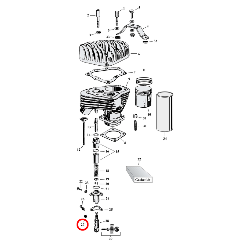 Cylinder Parts Diagram Exploded View for Harley 45" Flathead 27) 29-73 45" SV. Locknut, tappet (set of 10). Replaces OEM: 18570-38