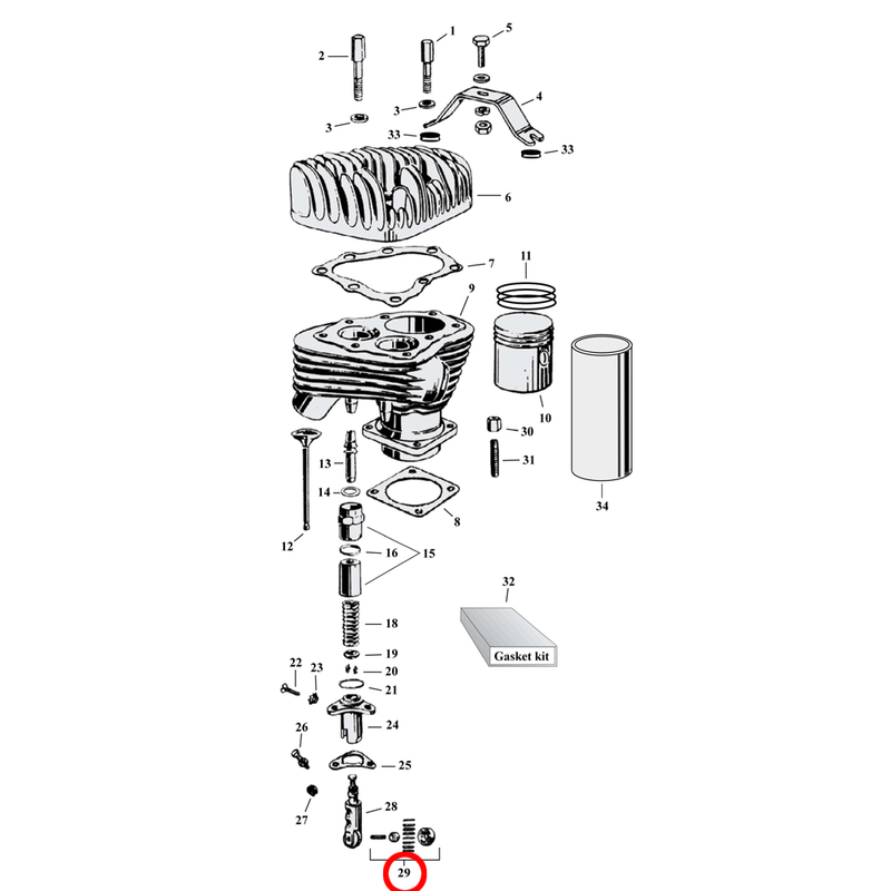 Cylinder Parts Diagram Exploded View for Harley 45" Flathead 29) 29-73 45" SV. Tappet roller repair kit (set of 4). Replaces OEM: 18534-29A