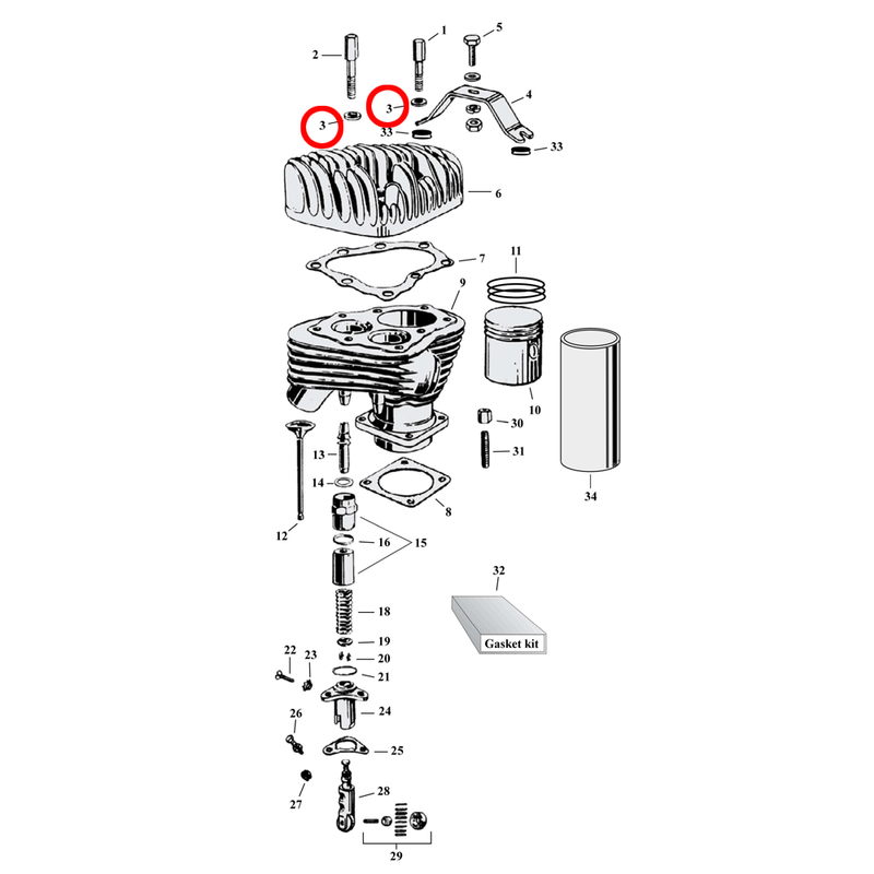 Cylinder Parts Diagram Exploded View for Harley 45" Flathead 3) 32-73 45" SV. Washer, headbolt, 14 used. Replaces OEM: 6473HB