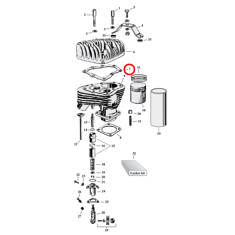 Cylinder Parts Diagram Exploded View for Harley 45" Flathead 7) 39-73 45" SV. James copper headgasket. Replaces OEM: 16768-39