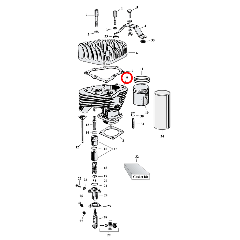 Cylinder Parts Diagram Exploded View for Harley 45" Flathead 9) 40-54 45" SV with with alu heads. Cylinder (set of 2). Replaces OEM: 16460-40B & 16461-40B