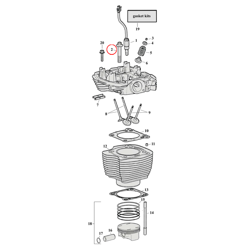 Cylinder Parts Diagram Exploded View for Harley Milwaukee Eight 2) 17-23 M8. S&S, head bolt kit. Replaces OEM: 10200303