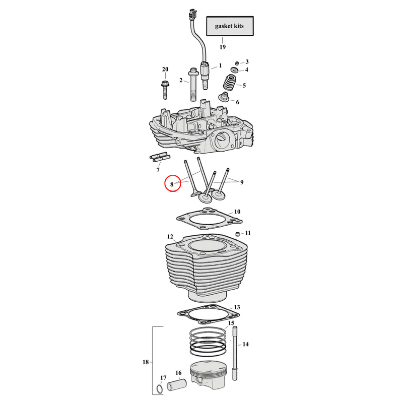 Cylinder Parts Diagram Exploded View for Harley Milwaukee Eight 8) 17-23 M8. Exhaust valve. See exhaust valves separately.