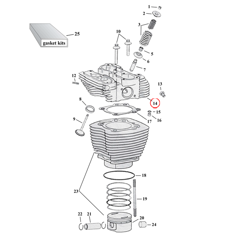 Cylinder Parts Diagram Exploded View for Harley Twin Cam 14) 99-17 TCA/B. See cylinder heads separately. OEM style. Replaces OEM: 16716-99, 16717-99, 16722-99 & 16724-99