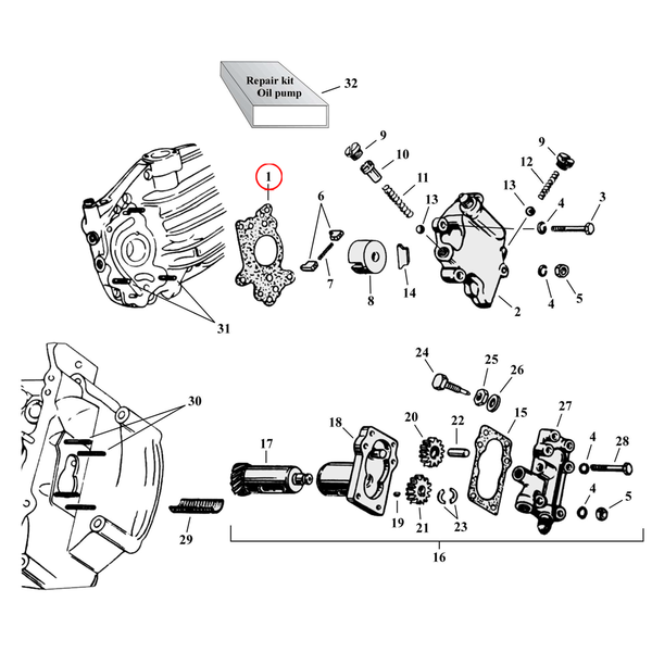 Oil Pump Parts Diagram Exploded View for Harley 45" Flathead 1) 37-59 45" SV. James gasket, side oil pump. Replaces OEM: 26244-37