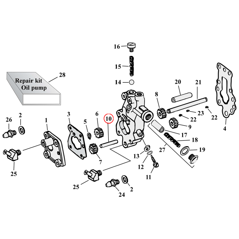 Oil Pump Parts Diagram Exploded View for Harley Knuckle / Pan / Shovel 10) 41-61 Big Twin. Idler gear shaft. Replaces OEM: 26328-41