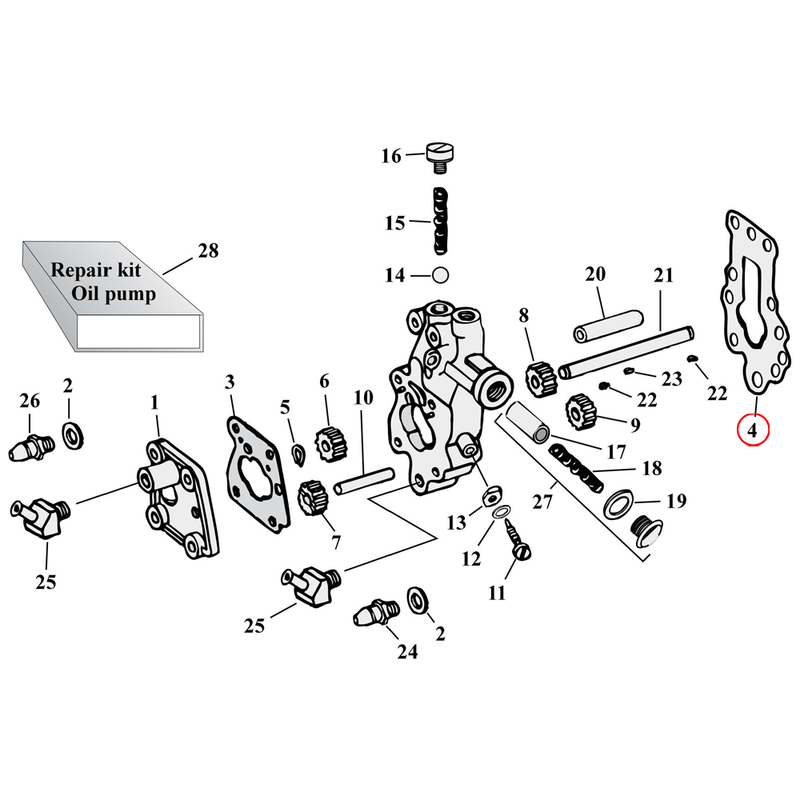 Oil Pump Parts Diagram Exploded View for Harley Knuckle / Pan / Shovel 4) 41-67 Big Twin. James gasket, body to case (paper). Replaces OEM: 26245-41