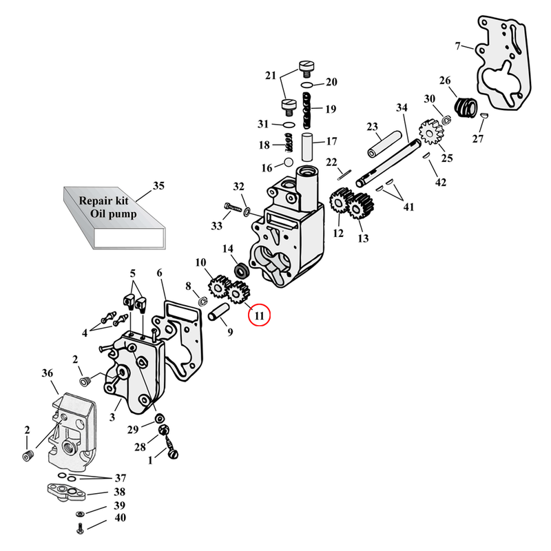 Oil Pump Parts Diagram Exploded View for Harley Shovelhead & Evolution Big Twin 11) 68-99 Big Twin. S&S feed gear, idle. Replaces OEM: 26326-62A