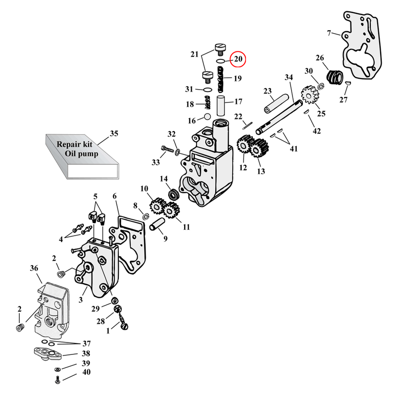 Oil Pump Parts Diagram Exploded View for Harley Shovelhead & Evolution Big Twin 20) L78-99 Big Twin. James o-ring, relief valve. Replaces OEM: 11105