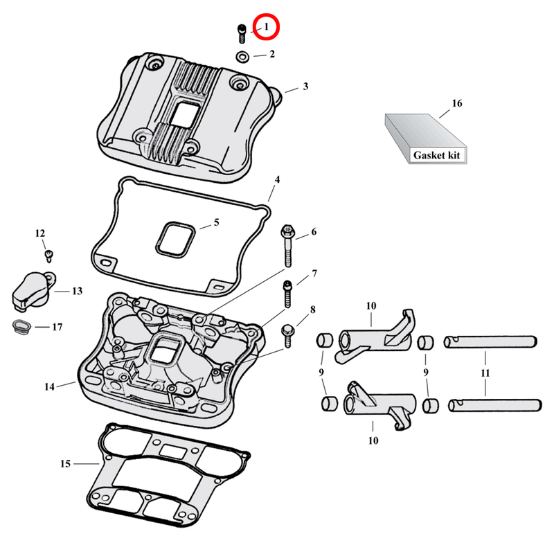 Rocker Box Parts Diagram Exploded View for 04-22 Harley Sportster 1) 04-22 XL. Rocker box bolt kit, chrome allen.