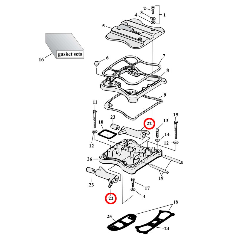 Rocker Box Parts Diagram Exploded View for 86-03 Harley Sportster 22) 86-03 XL. Rocker arm, front intake / rear exhaust (standard 1.625 ratio). Replaces OEM: 17360-83A