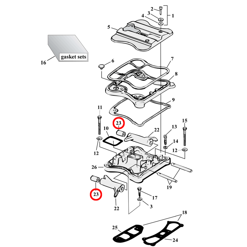 Rocker Box Parts Diagram Exploded View for 86-03 Harley Sportster 23) 86-03 XL. Bushing, rocker arm (set of 2). Replaces OEM: 17429-91.