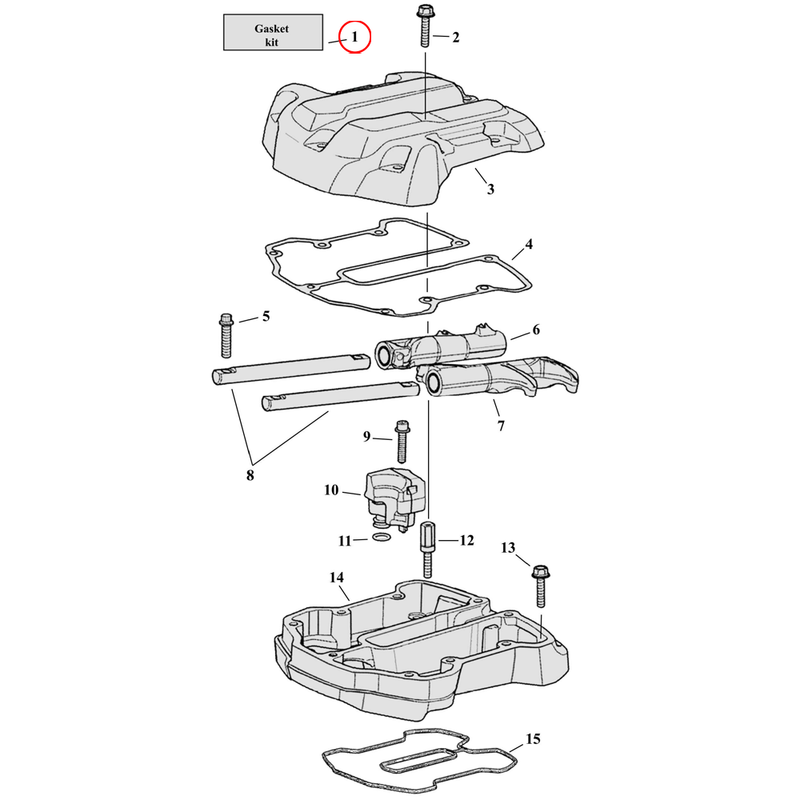 Rocker Box Parts Diagram Exploded View for Harley Milwaukee Eight 1) 17-23 M8. James rocker cover gasket kit.