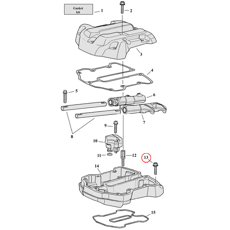 Rocker Box Parts Diagram Exploded View for Harley Milwaukee Eight 13) 17-23 M8. Bolt, lower rocker cover.