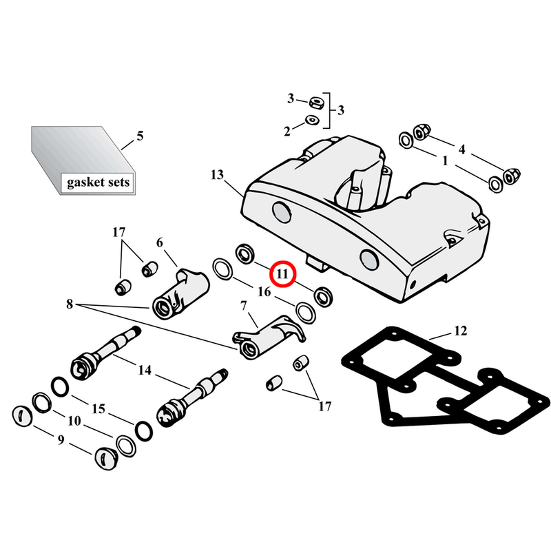 Rocker Box Parts Diagram Exploded View for Harley Shovelhead 11) 66-84 Shovelhead. Spacer, rocker arm shaft (set of 4). Replaces OEM: 17452-66