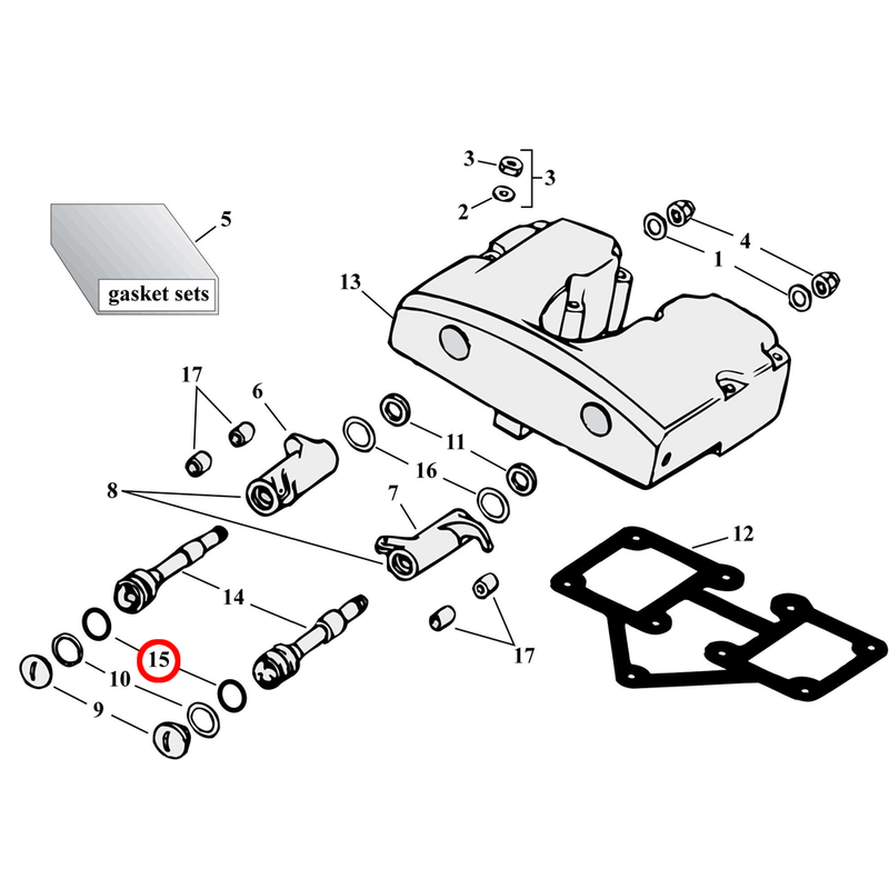 Rocker Box Parts Diagram Exploded View for Harley Shovelhead 15) 66-84 Shovelhead. James oversize o-ring, rocker shaft. Replaces OEM: 11101