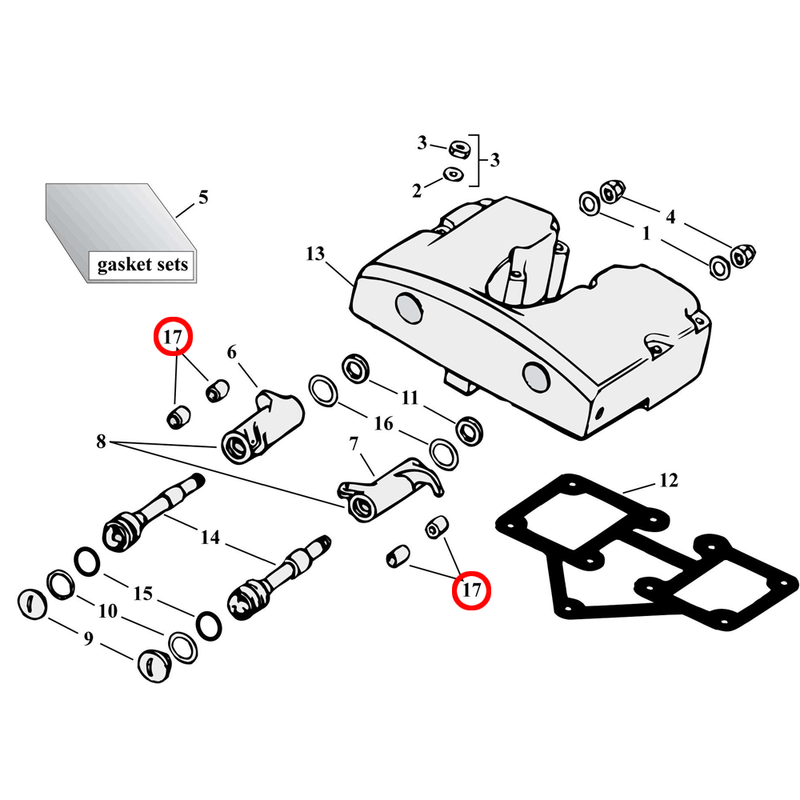 Rocker Box Parts Diagram Exploded View for Harley Shovelhead 17) 66-84 Shovelhead. Jims bushing, rocker arm (set of 8). Replaces OEM: 17428-57