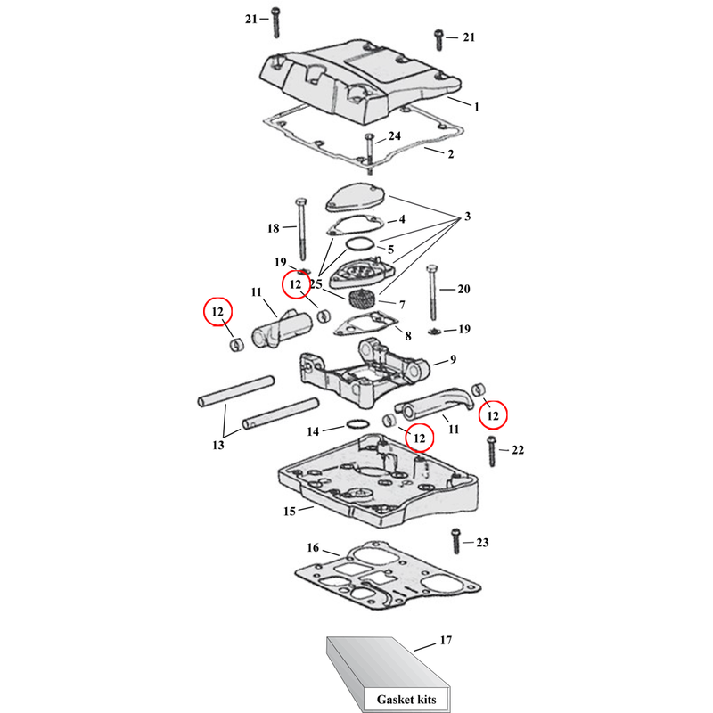 Rocker Box Parts Diagram Exploded View for Harley Twin Cam 12) 99-17 TCA/B. Bushings, rocker arm (set of 2). Replaces OEM: 17428-57 & 17429-91