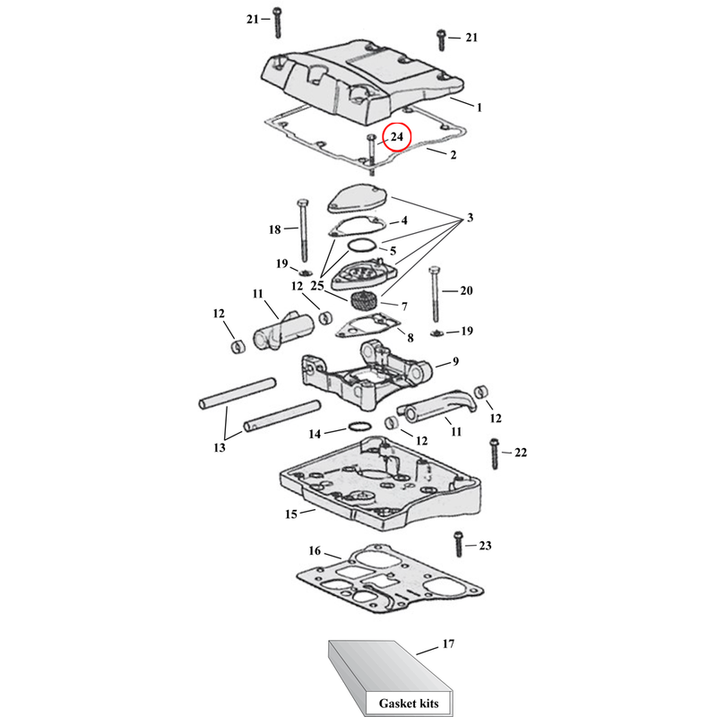 Rocker Box Parts Diagram Exploded View for Harley Twin Cam 24) 99-10 TCA/B. Flanged breather cover bolt (set of 8). Replaces OEM: 3746A