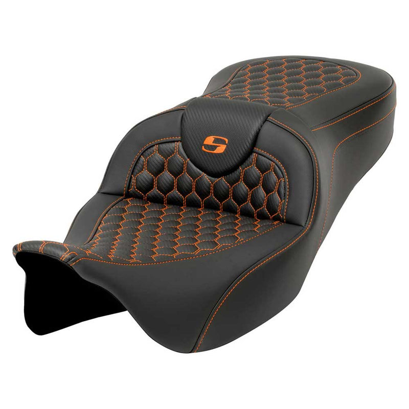 Saddlemen Roadsofa Honeycomb Seat for Harley 08-25 Touring (excl. 23-25 CVO; 24-25 Road Glide / Street Glide) / Black / Orange / Without heating / Without backrest  - Customhoj